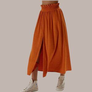 HOUSE OF HARLOW 1960 Rust Orange Corduroy Smocked Waist Front Slit Midi Skirt M